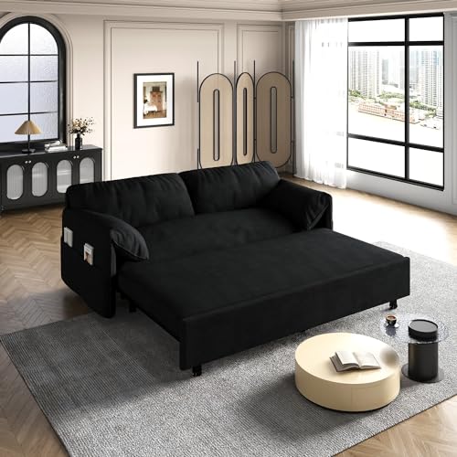 Blue Velvet Queen Size Convertible Sleeper Sofa with 2 Pillows M4207
