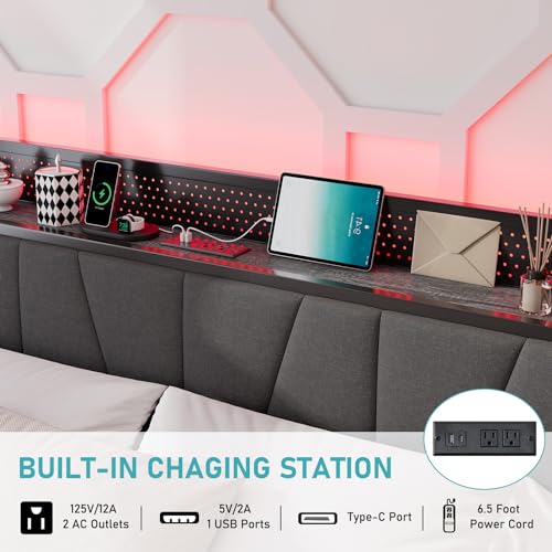 Black Linen Upholstered Full Size Lift Up Storage Bed Frame with LED Lights and Charging Station R32016