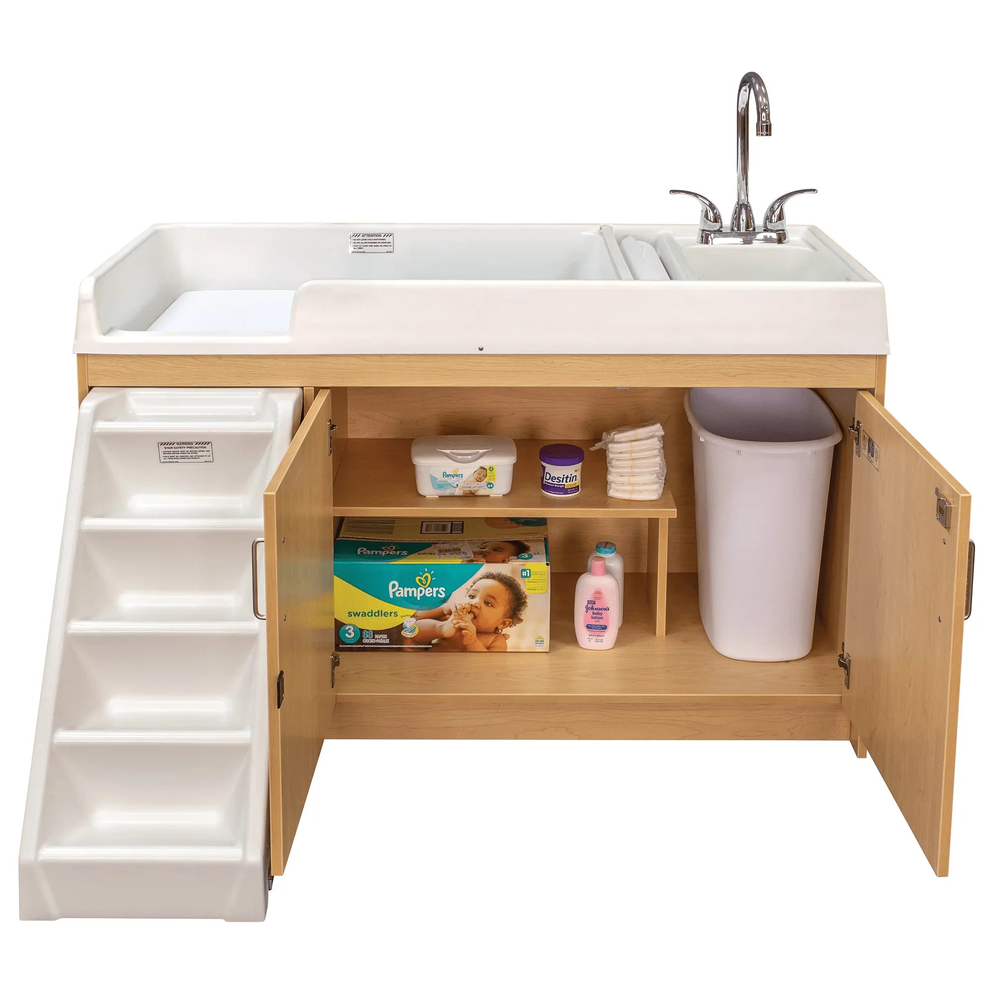 Maple Wood Toddler Changing Table with Sink and Steps Z6420
