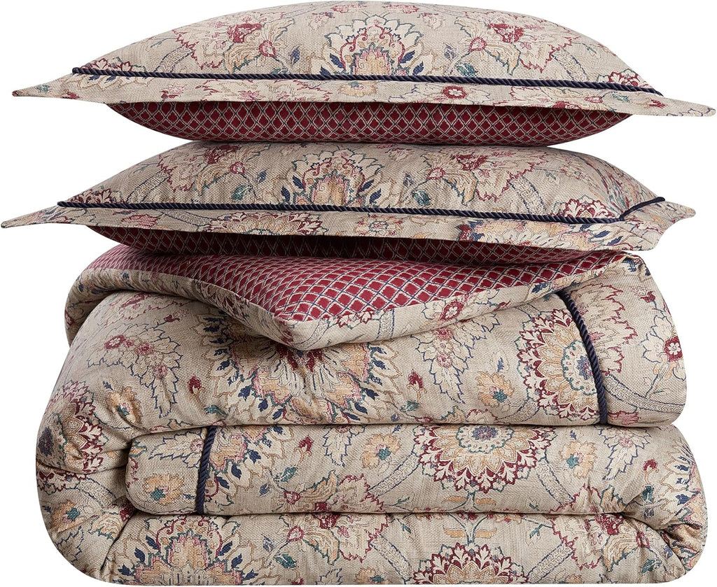 Beige & Maroon 4 Piece Cotton Comforter Set, Queen E5107