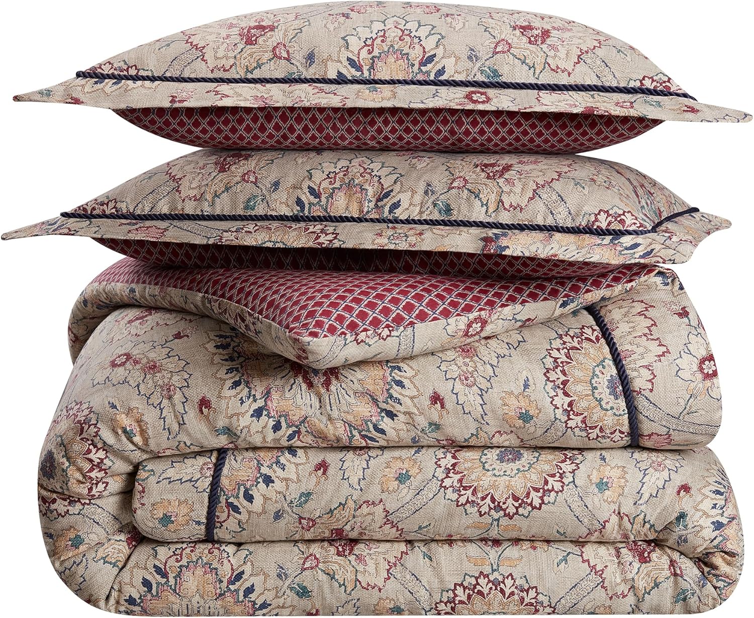 Beige & Maroon 4 Piece Cotton Comforter Set, Queen E5107