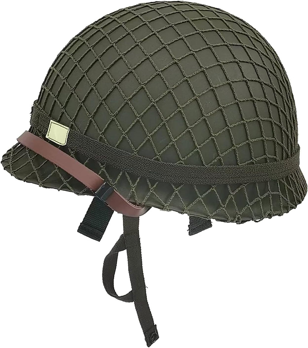 WW2 US Army M1 Helmet Metal Steel Shell Replica with Net Canvas Chin Strap Cat Eye Band B257120