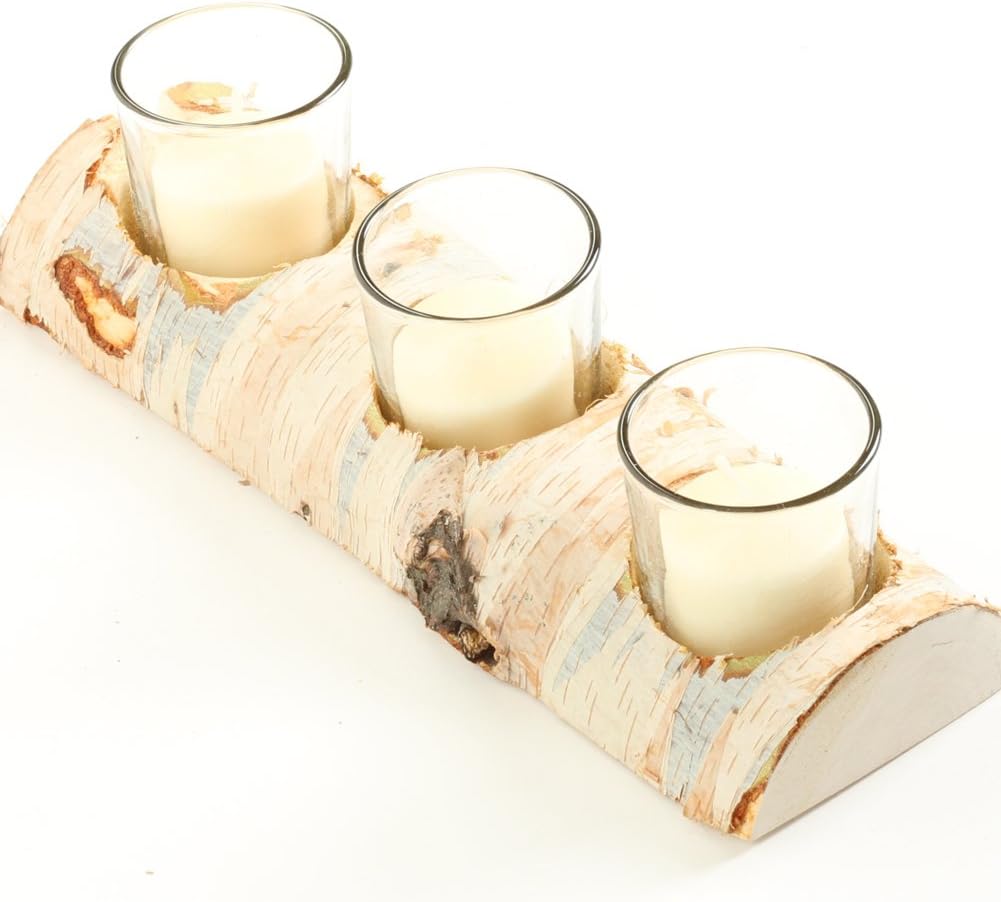 10-Inch Birch Log Candle Holder with 3 Glass Candle Holders L22076
