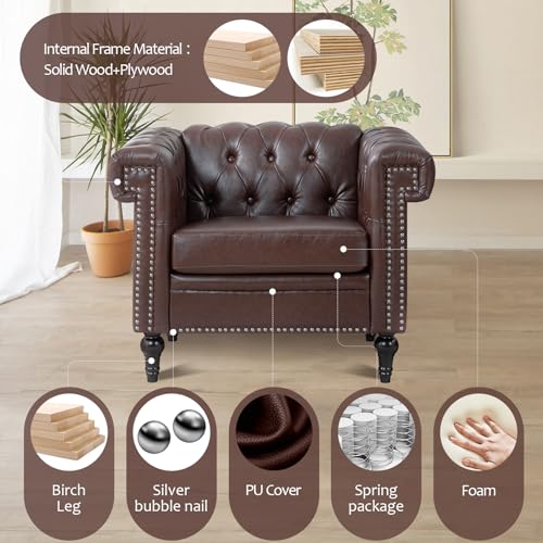 Brown Leather Square Arm Tufted Single Sofa Chair with Nailheads and Solid Wood Legs O898104
