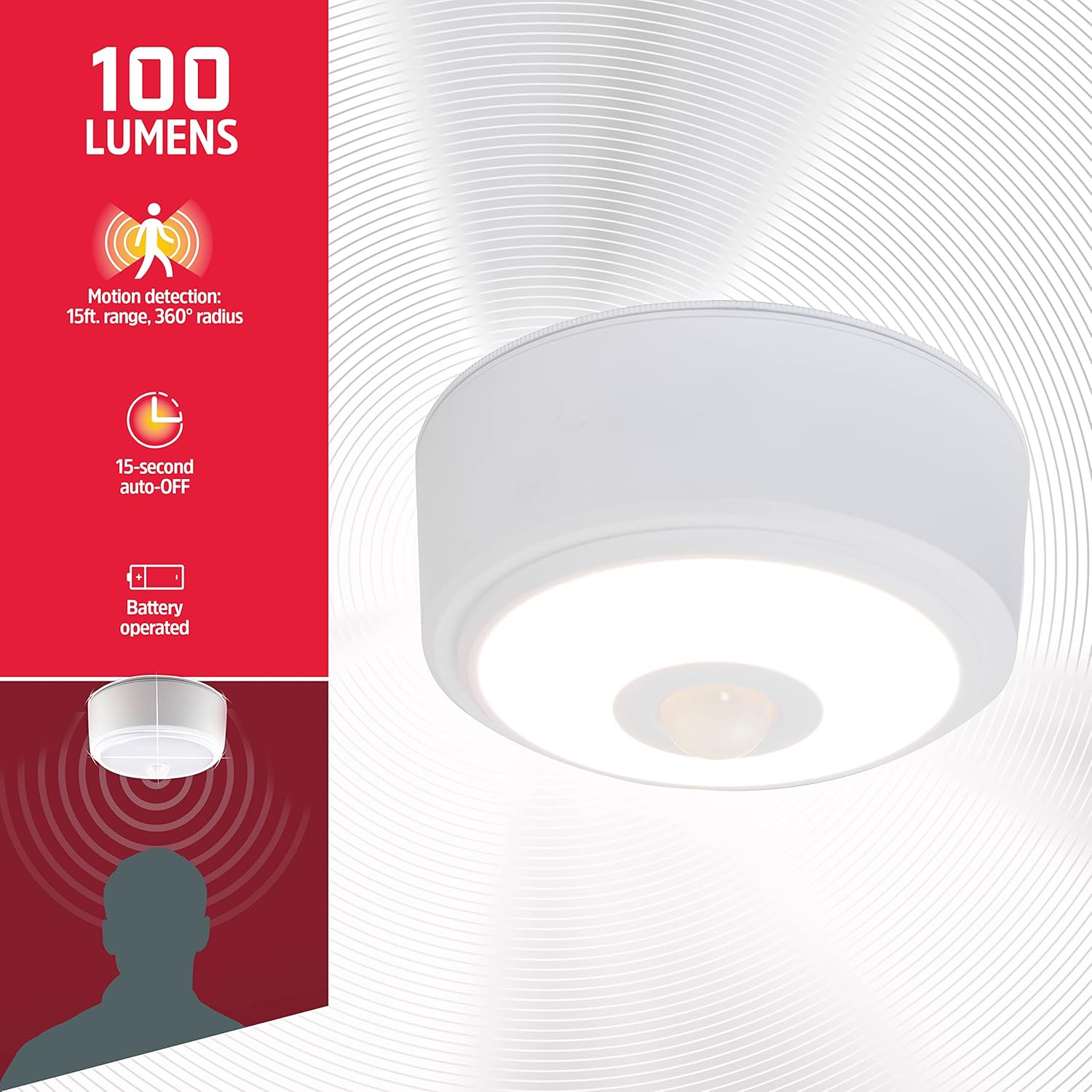 Motion Activated LED Ceiling Light, 2 Pack, Battery Operated, 100 Lumens, Wireless R528