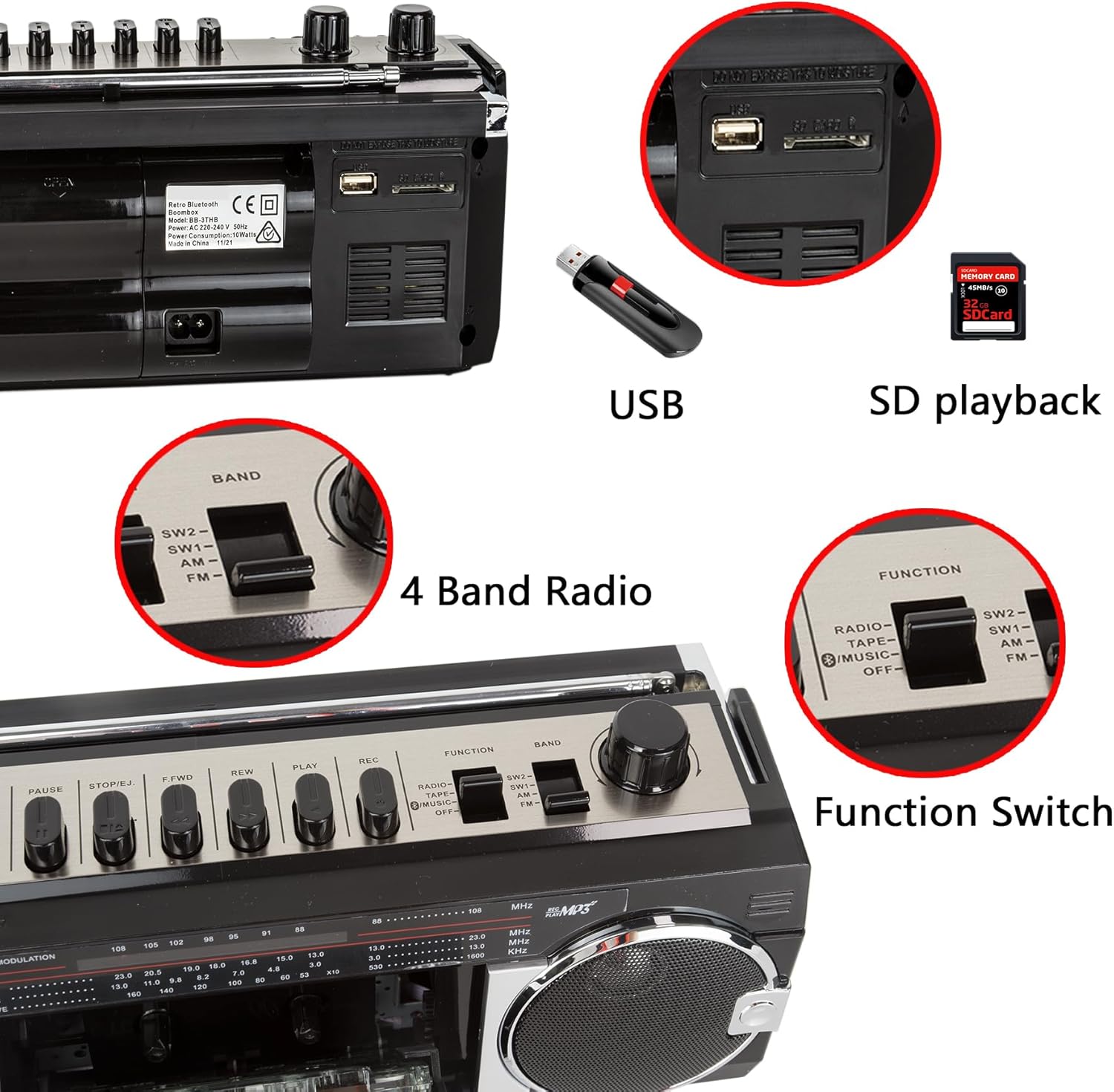 Black Retro Bluetooth Boombox Radio Cassette Player Recorder E785