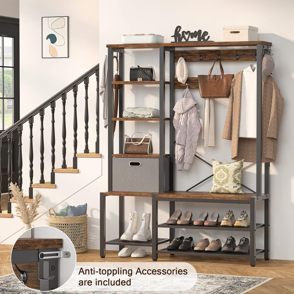 Rustic Brown Hall Tree with Storage Bench, Coat Rack, 5-Tier Shelves, Fabric Storage Basket, Side hooks, Metal Frame L41046