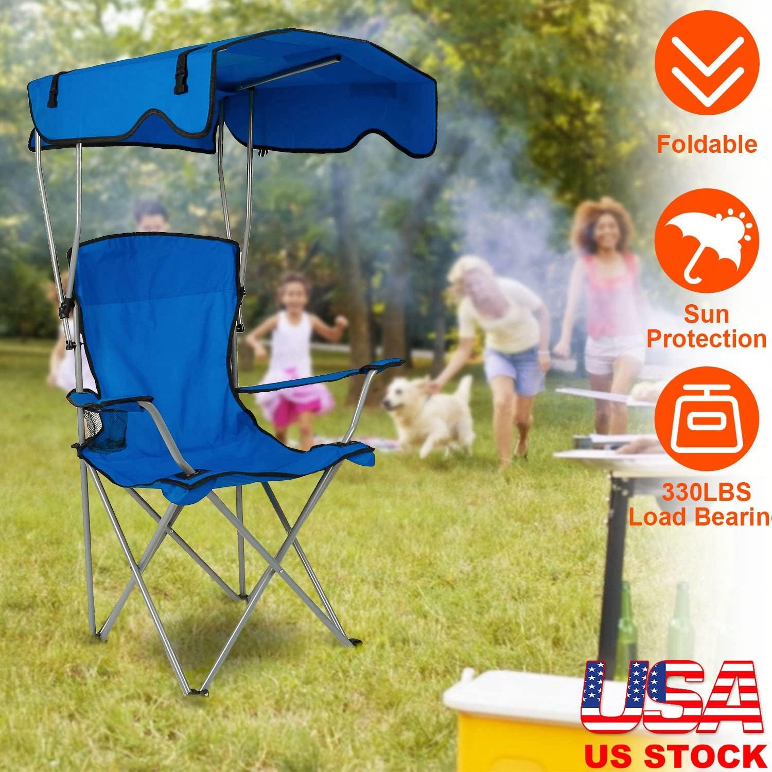 Heavy Duty Folding Camping Lawn Chair with Shade Canopy and Cup Holder (Blue) D4526