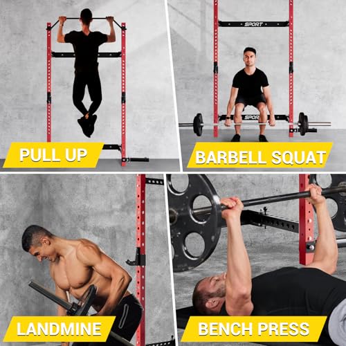 Folding Squat Rack with Pull Up Bar, J Hooks and Landmine Attachments, 1000 LBS Capacity P7324