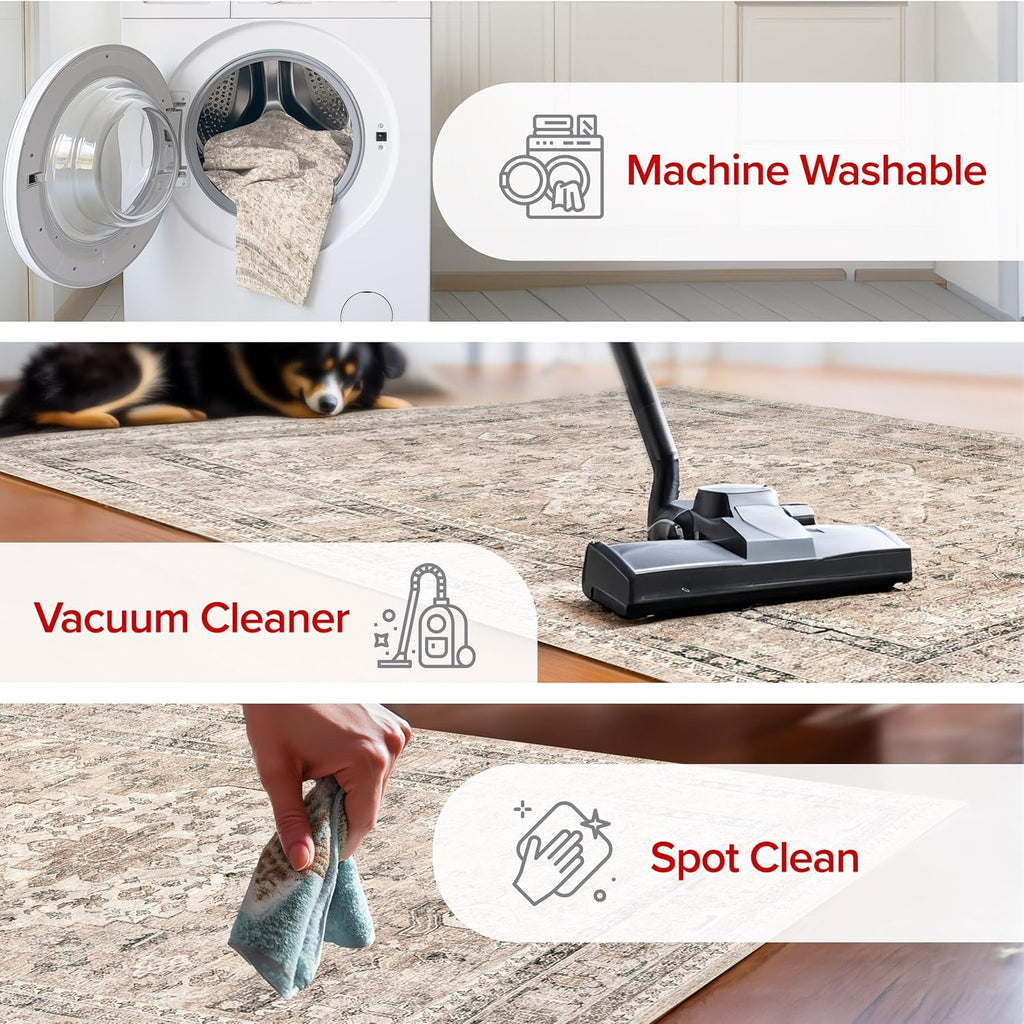 6x9 Spill Proof Machine Washable Area Rug, Stone/Ivory K319