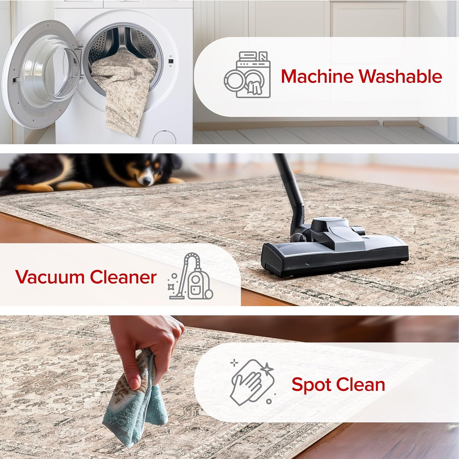 6x9 Spill Proof Machine Washable Area Rug, Stone/Ivory K319