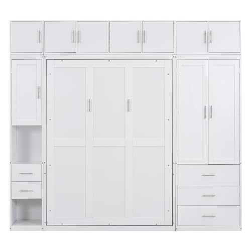 Full Size White Wooden Murphy Bed with Lockers and Wardrobes S320