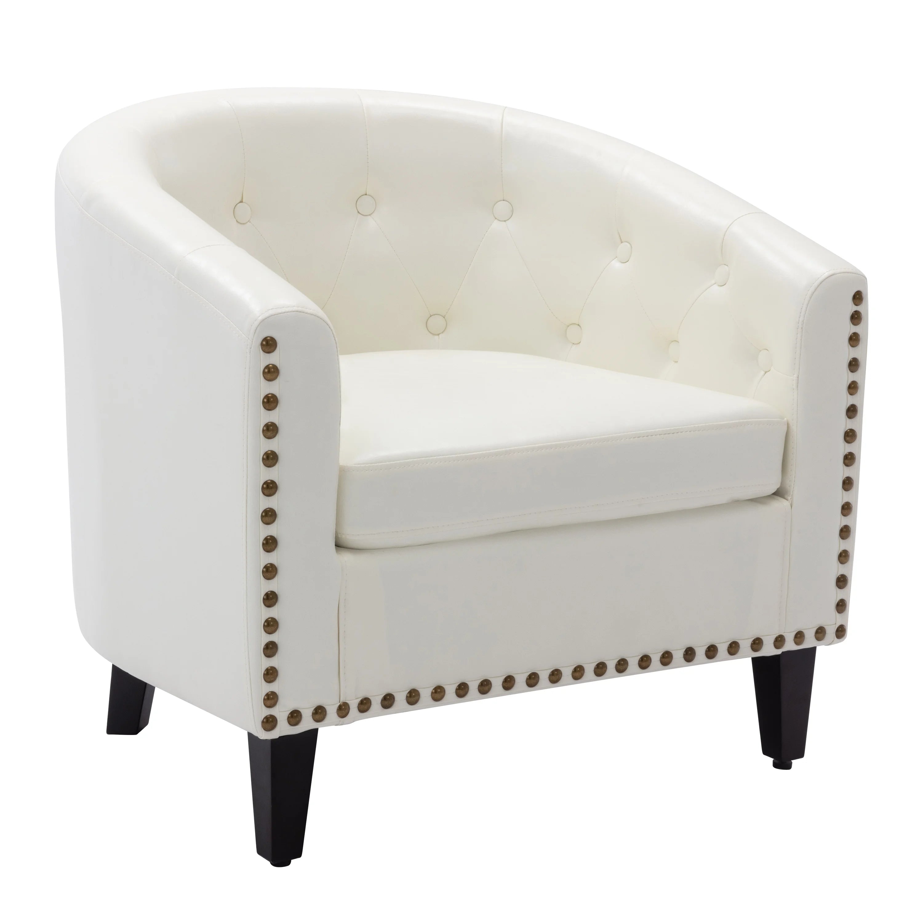 White Pu Leather Barrel Accent Chair with Nailheads and Solid Wood Legs G454