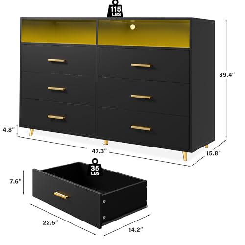 Black 6 Drawer Wood Dresser with LED H6502