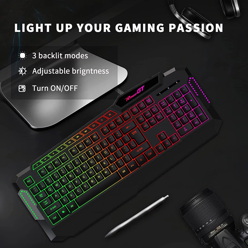114 Keys Full Size Wired Rainbow LED Backlit Quiet Computer Keyboard with Wrist Rest H796