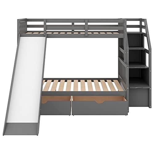 Grey Wood Twin Over Full Bunk Bed with Slides and Drawers D5069