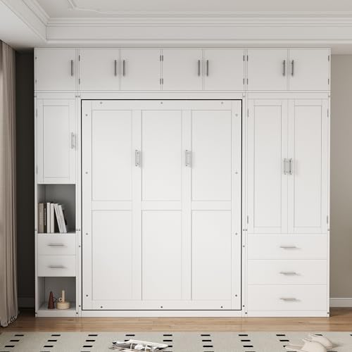 Full Size White Wooden Murphy Bed with Lockers and Wardrobes S320