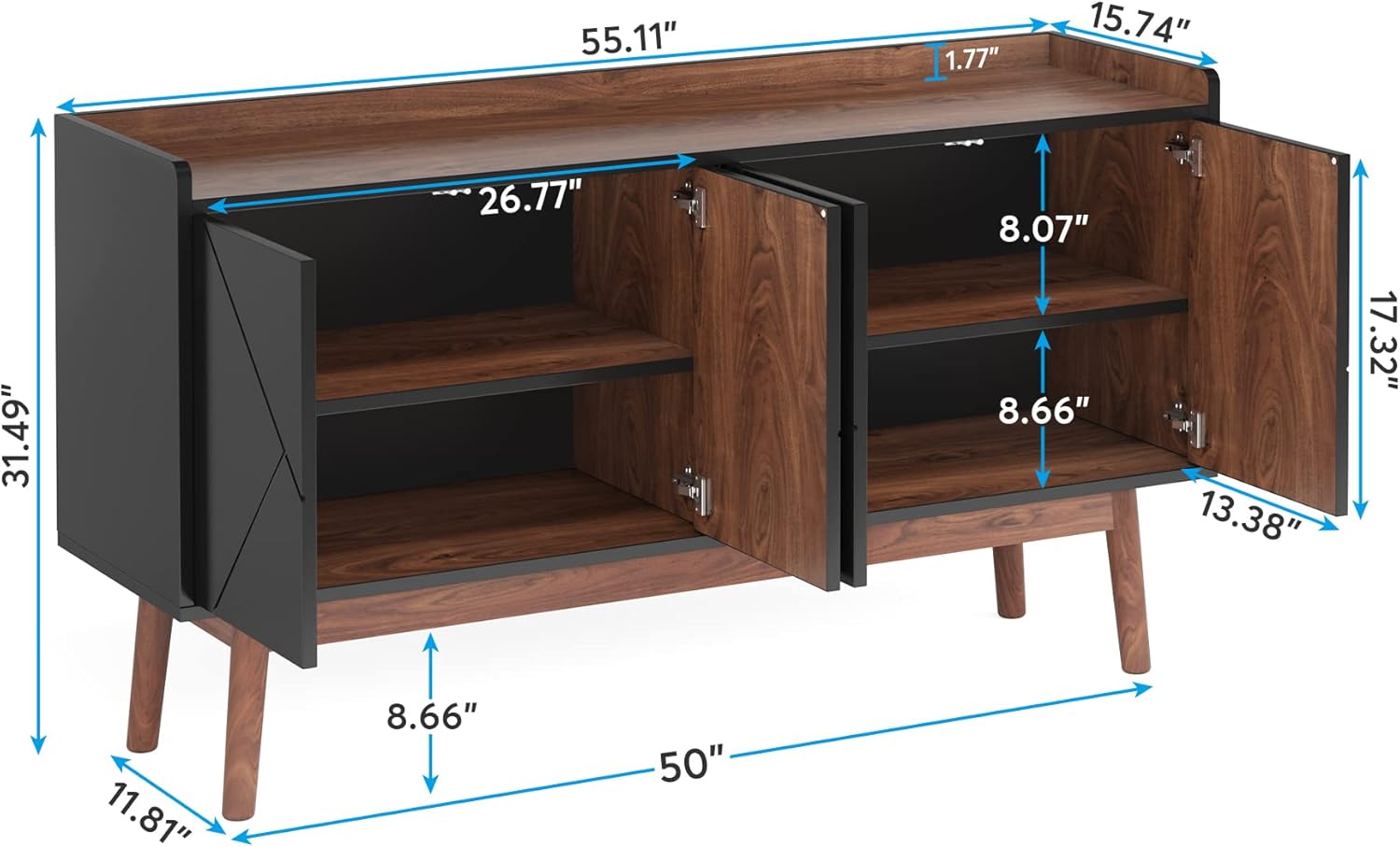 Black 55" Wood Sideboard Cabinet with Doors U7871