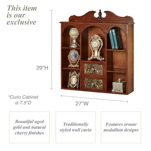 Natural Cherry Wooden Curio Cabinet with Seven Shelves and Two Drawers S742