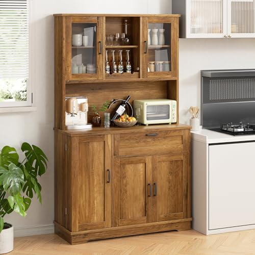 Brown Freestanding Kitchen Pantry Storage Cabinet with Microwave Stand, 4 Door Shelves, Adjustable Shelves and Wine Rack H556463