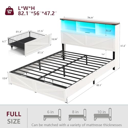 White Full Size Bed Frame with Bookshelf Headboard and Storage Drawers G348