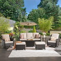 Grey Wicker Denim Blue 7 Pieces Wicker Conversation Set with Swivel Rocking Chairs, Side Table, High Back Sofa, Ottomans and Coffee Table S779591