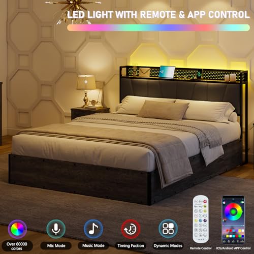 Black Linen Upholstered Full Size Lift Up Storage Bed Frame with LED Lights and Charging Station R32016