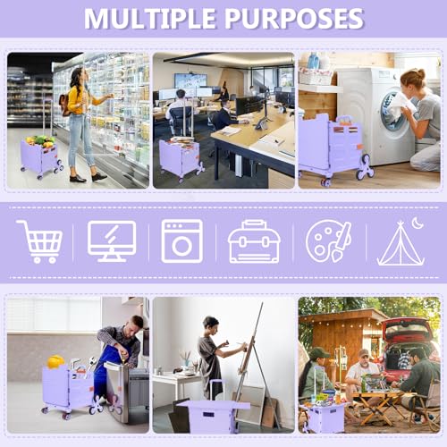 Foldable Utility Cart with Stair Climbing Wheels, Collapsible Rolling Crate with Magnetic Lid Telescopic Cover, Telescoping Handle, 360° Rotate Wheel Hand Cart (Purple) V69719