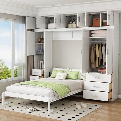 Full Size White Wooden Murphy Bed with Lockers and Wardrobes S320