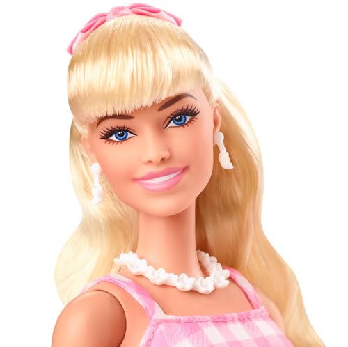 Collectible Doll Wearing Pink and White Gingham Dress with Daisy Chain Necklace Y635