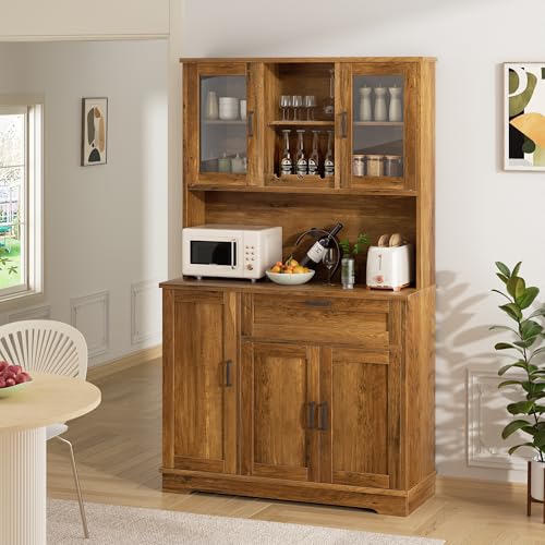 Brown Freestanding Kitchen Pantry Storage Cabinet with Microwave Stand, 4 Door Shelves, Adjustable Shelves and Wine Rack H556463