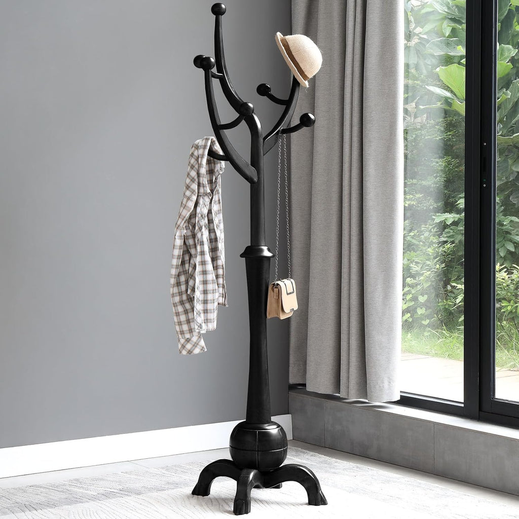Black Freestanding Wood Coat Rack with 8 Hooks J579592