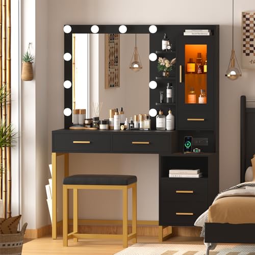 White Vanity Desk with Lighted Mirror and Chair, 5 Drawers Vanity Table Set with LED Cabinet & Storage Bag I703283
