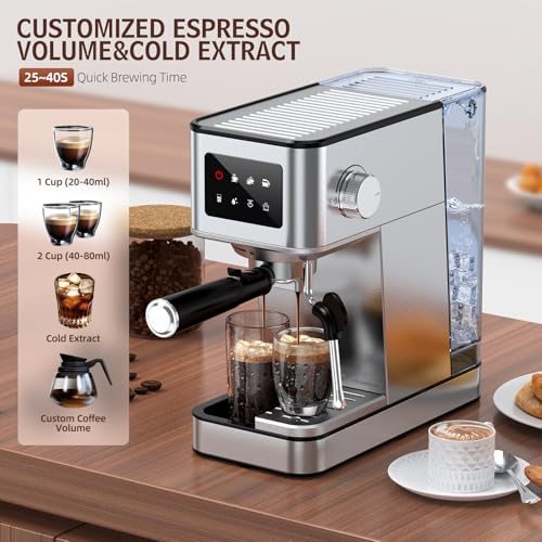 Silver Stainless Steel Espresso Machine with Milk Frother, 20 Bar, 57.5oz Water Tank K4755