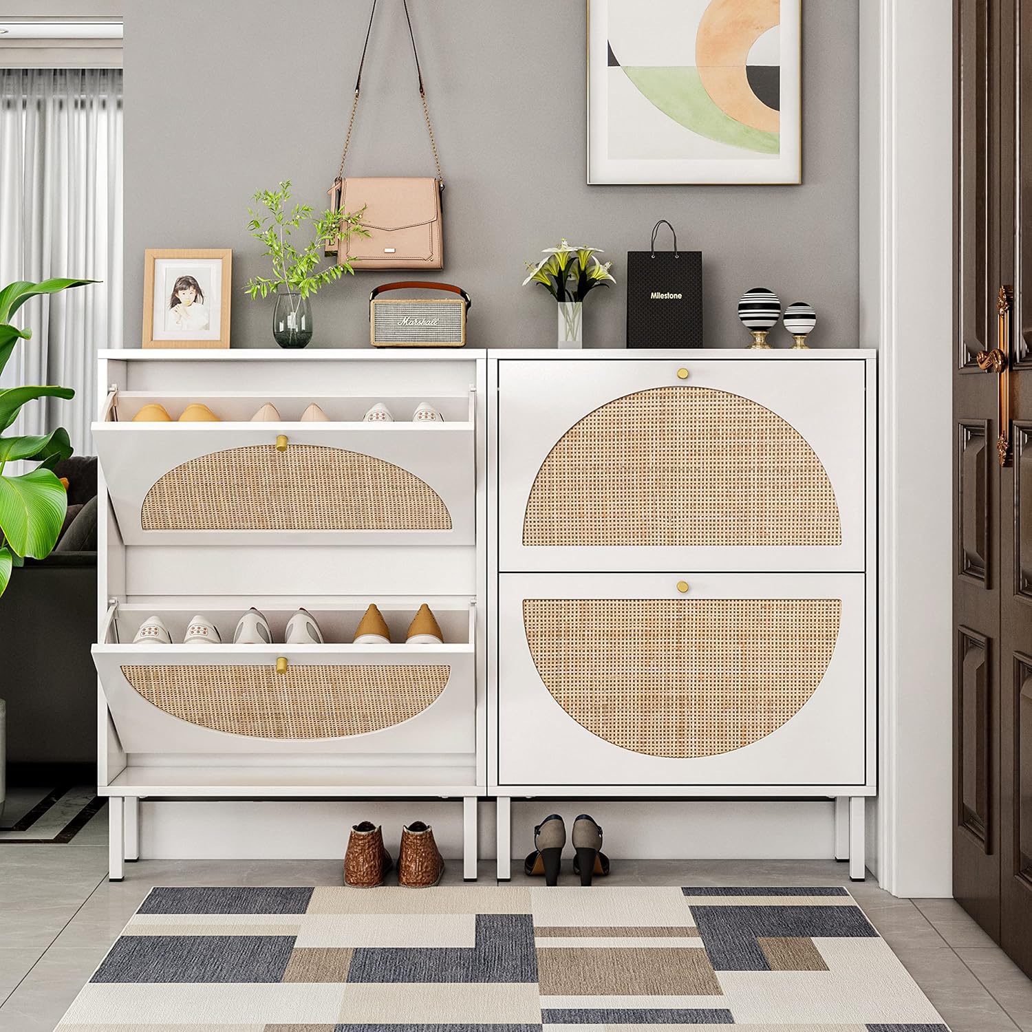 White Rattan Shoe Cabinet with 2 Flip Drawers M1017
