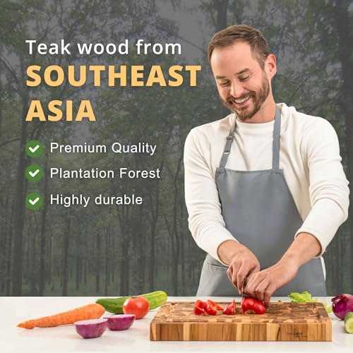 Teak Wood End Grain Cutting Board with Juice Groove Hand Grip (Medium 18x14x1.5 inches) G11665