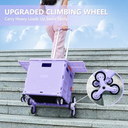 Foldable Utility Cart with Stair Climbing Wheels, Collapsible Rolling Crate with Magnetic Lid Telescopic Cover, Telescoping Handle, 360° Rotate Wheel Hand Cart (Purple) V69719