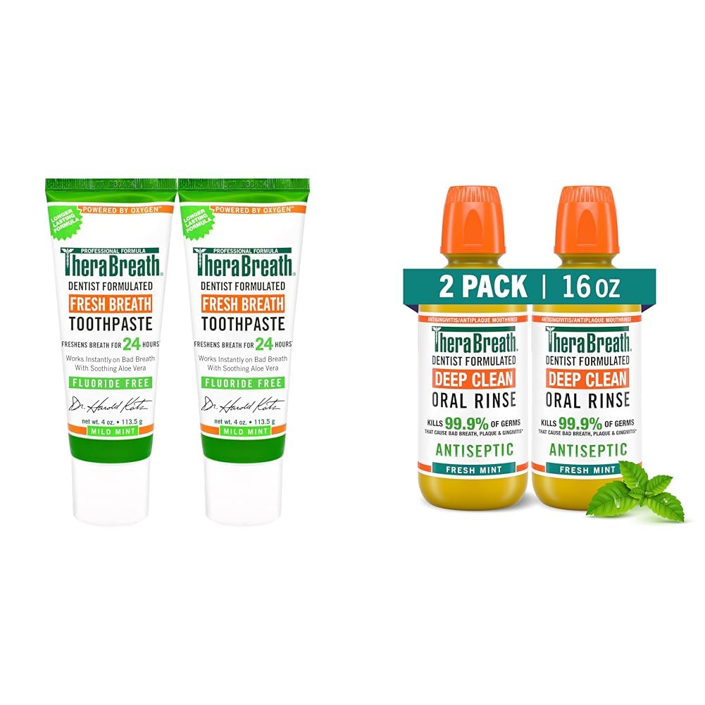 Mild Mint Fluoride Free Toothpaste 4 Ounce (Pack of 2) and Fresh Mint Alcohol Free Antigingivitis Mouthwash 16 fl oz (Pack of 2) I768