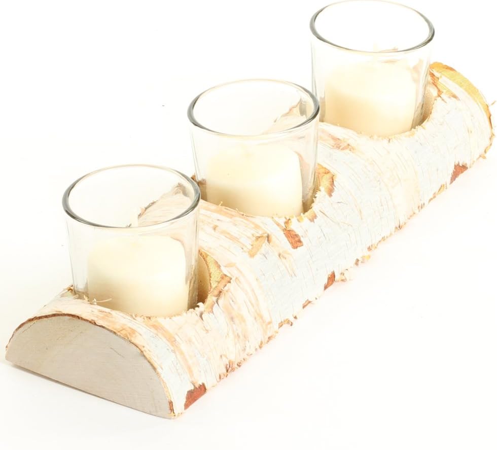 10-Inch Birch Log Candle Holder with 3 Glass Candle Holders L22076