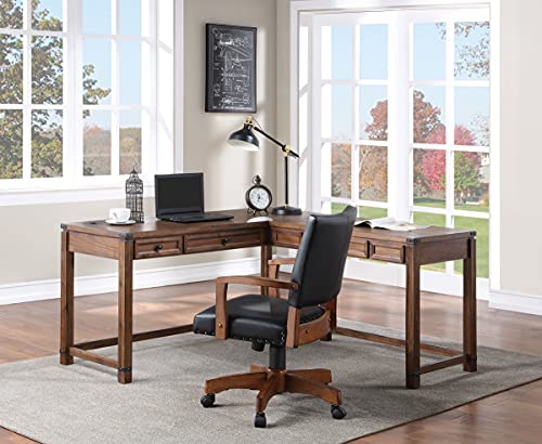 Rustic L-Shape Office Desk with Power Port Drawer, Champagne Oak Finish O314166