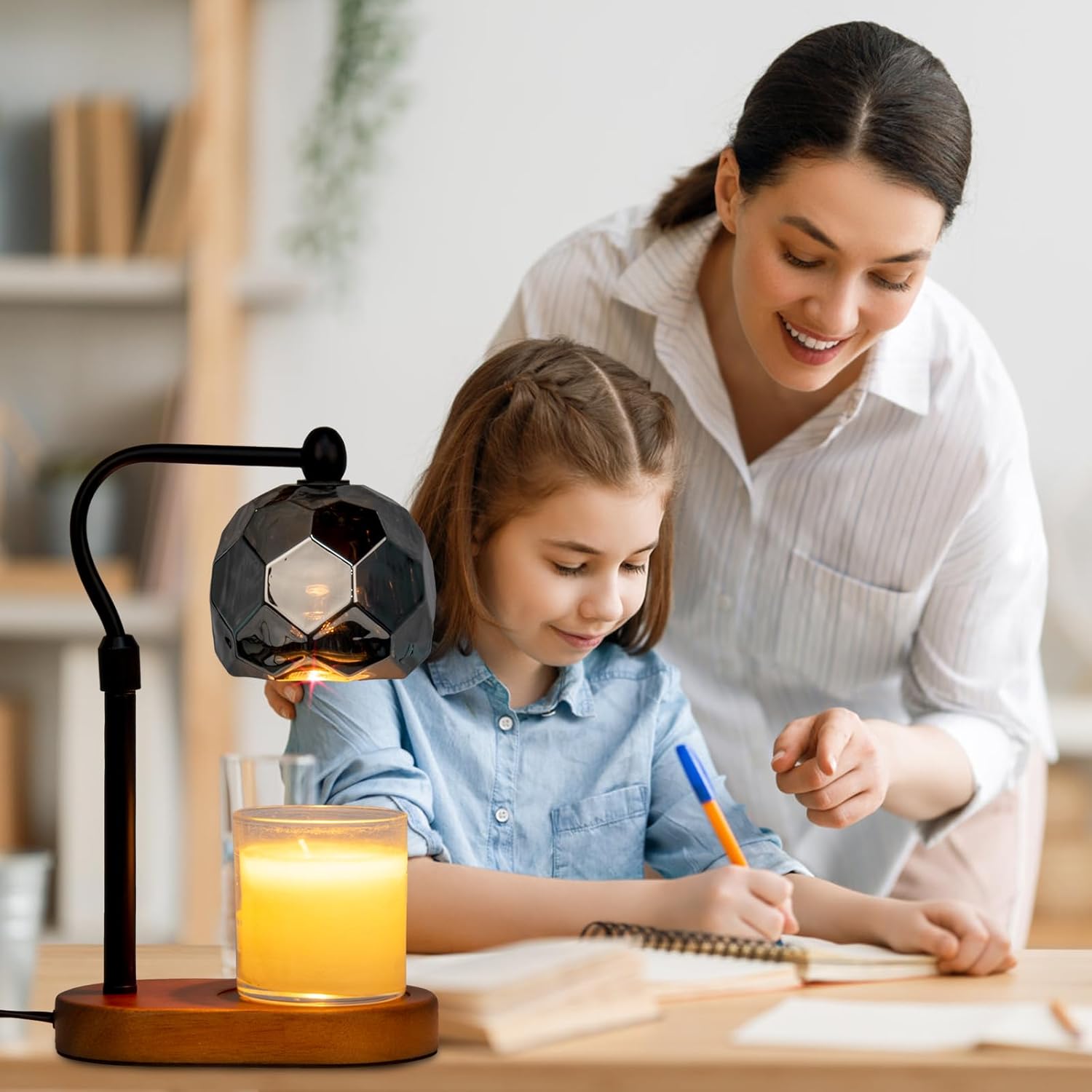 Candle Warmer Lamp with Timer, Adjustable Dimmer & Height, 2 Bulbs, Wooden Base Y950