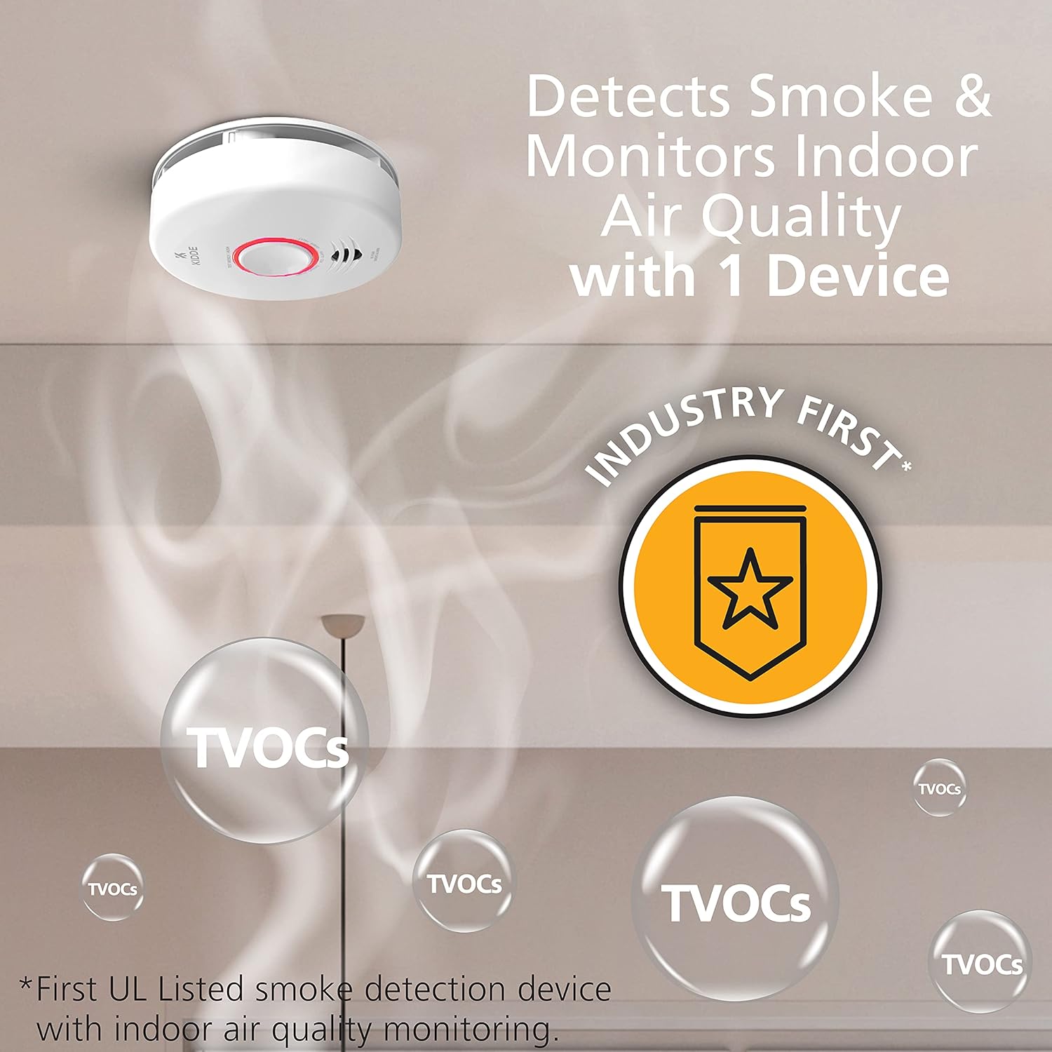 Smart Smoke Detector & Indoor Air Quality Monitor, WiFi, Hardwired with Battery Backup A392