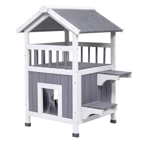 Outdoor Cat House Weatherproof Wooden Two-Story Feral Cat Shelter with Openable Roof Escape Door Balcony Z669967