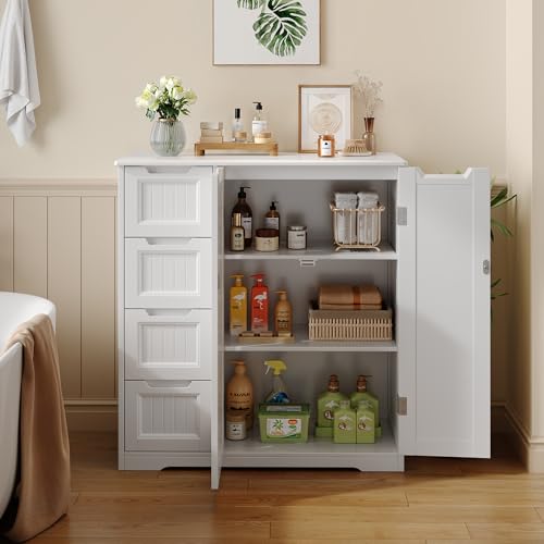 White Storage Cabinet with 4 Drawers & Double Doors T3772