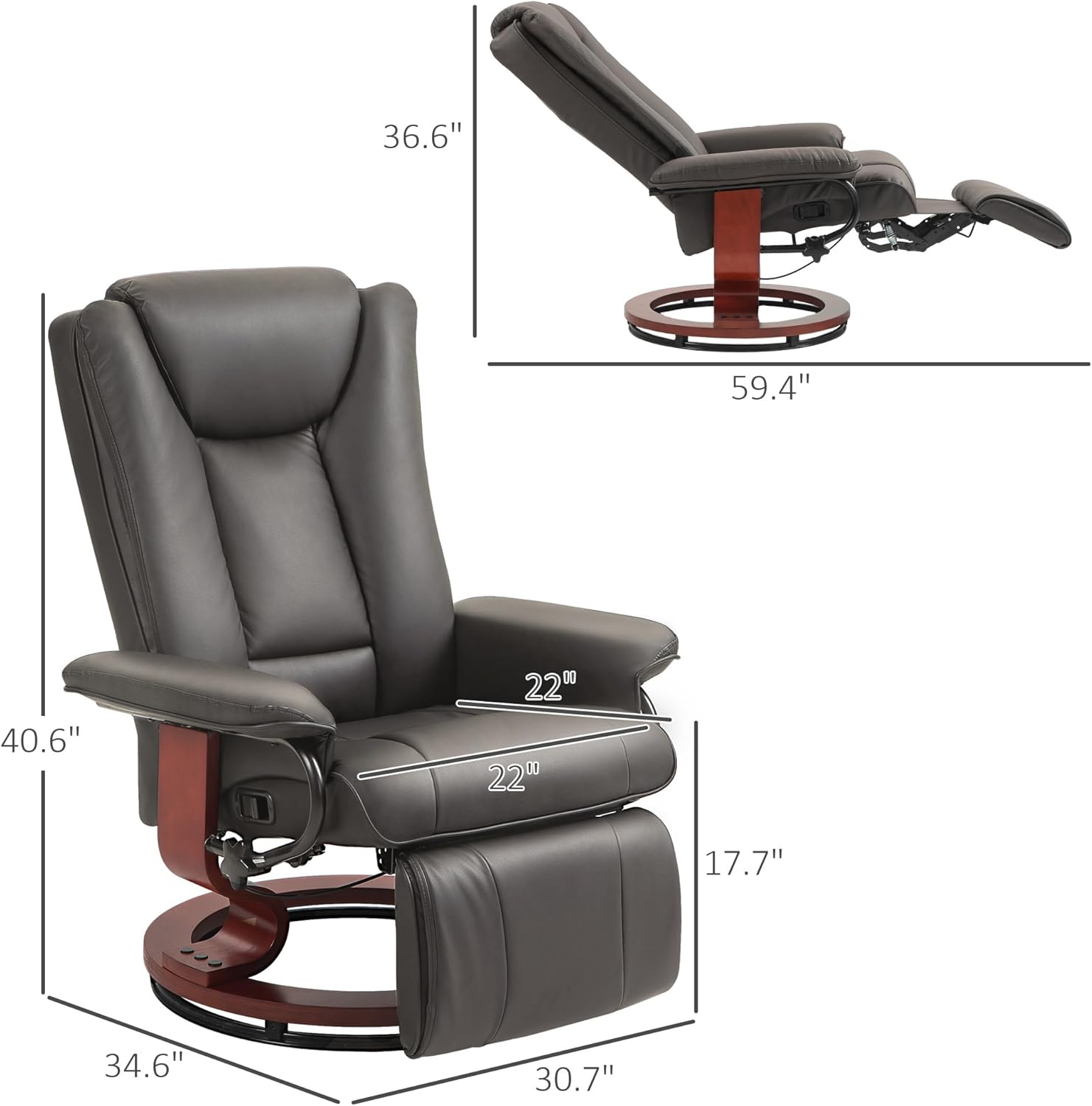Brown PU Leather Manual Swivel Recliner Chair with Footrest H859058