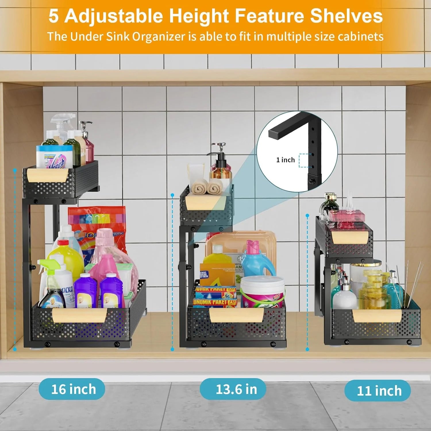2 PACK 5 Height Adjustable 2 Tiers Pull Out Drawer Shelves Metal Slide Tray Organizer V312
