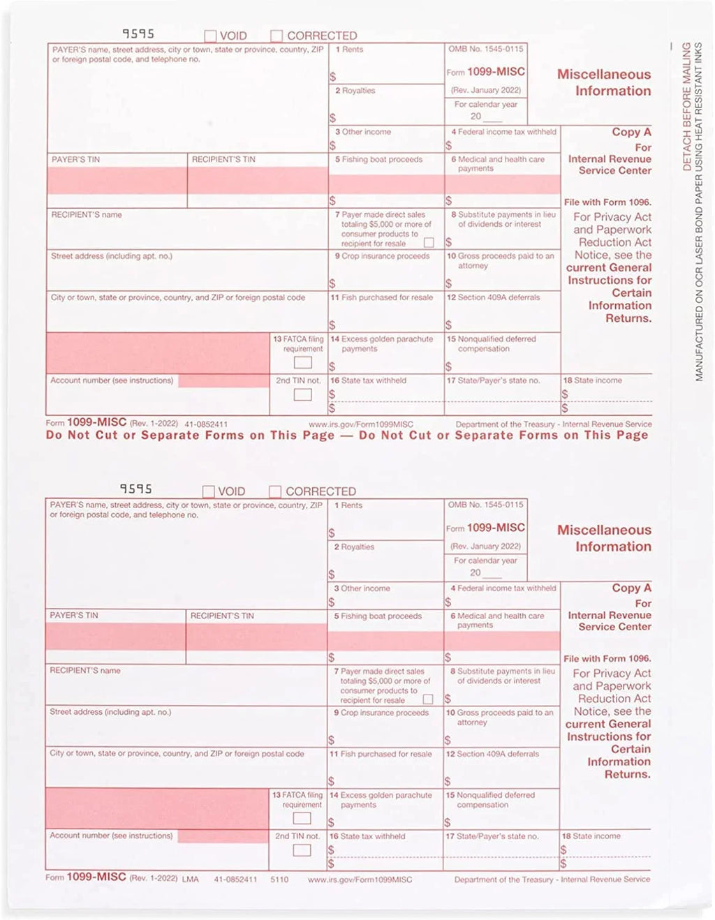 1099 Misc Forms 2022, 4 Part Laser Tax Forms, 25-Pack K522