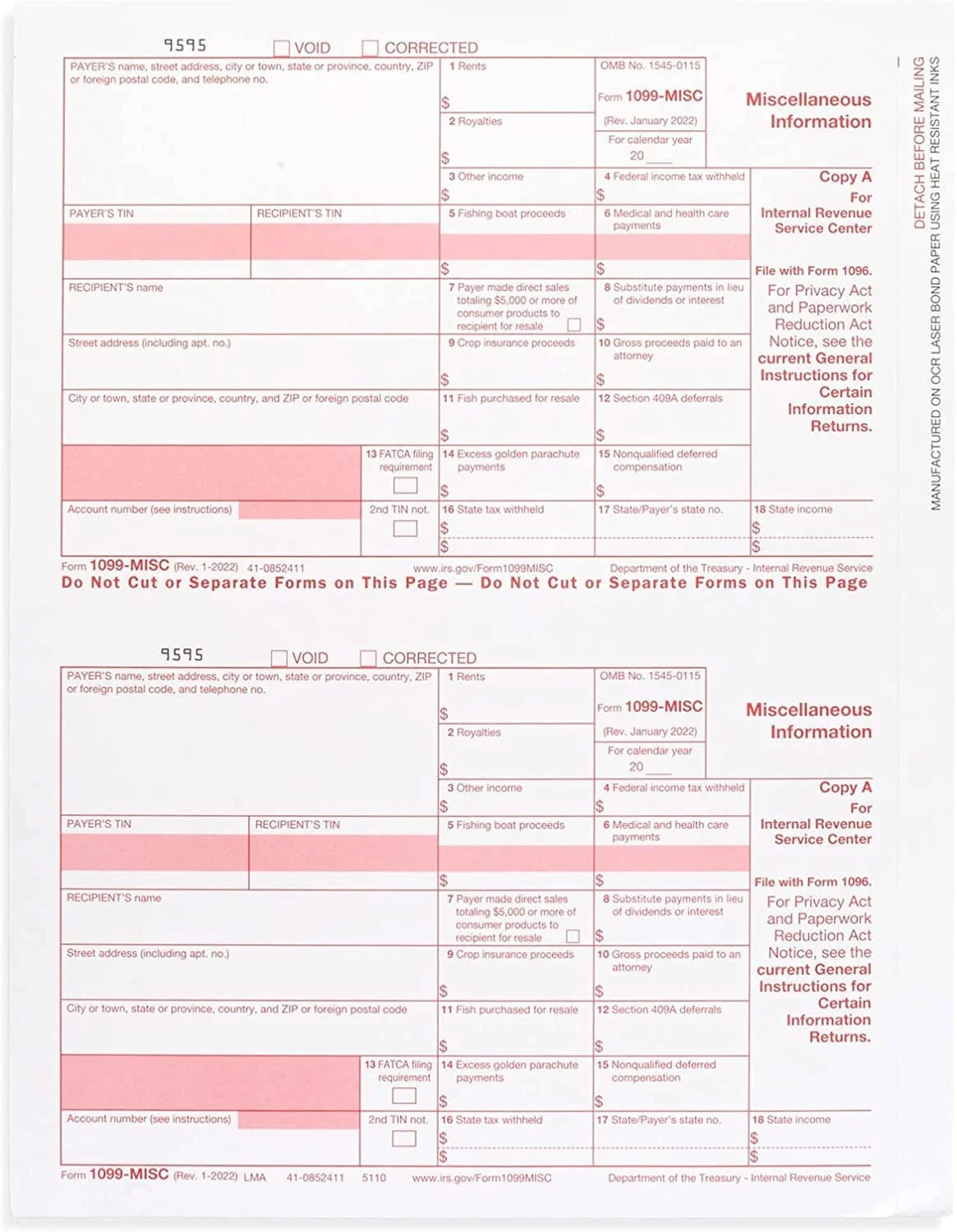 1099 Misc Forms 2022, 4 Part Laser Tax Forms, 25-Pack K522
