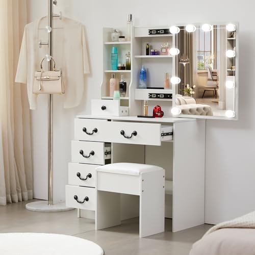 White Vanity Desk with Mirror and Light and Drawers Y229519