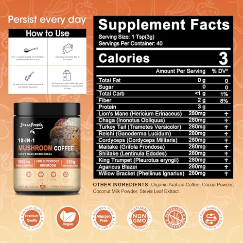 10 in 1 Mushroom Coffee with Lion’s Mane, Reishi, Turkey Tail, 4.23 Oz K228
